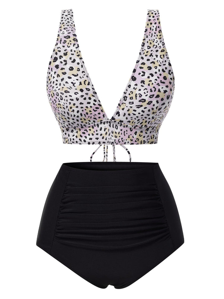 1950s Leopard Print Deep V-Neck Lace-Up Bikini Set, vintage swimsuit, pin-up swimwear - perfect for women who love vintage and retro fashion