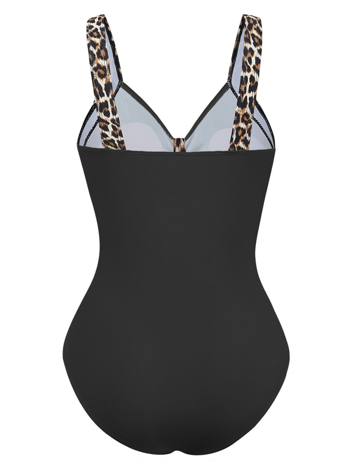 1950s Leopard V-Neck One Piece Swimsuit - vintage swimsuit, pin-up style