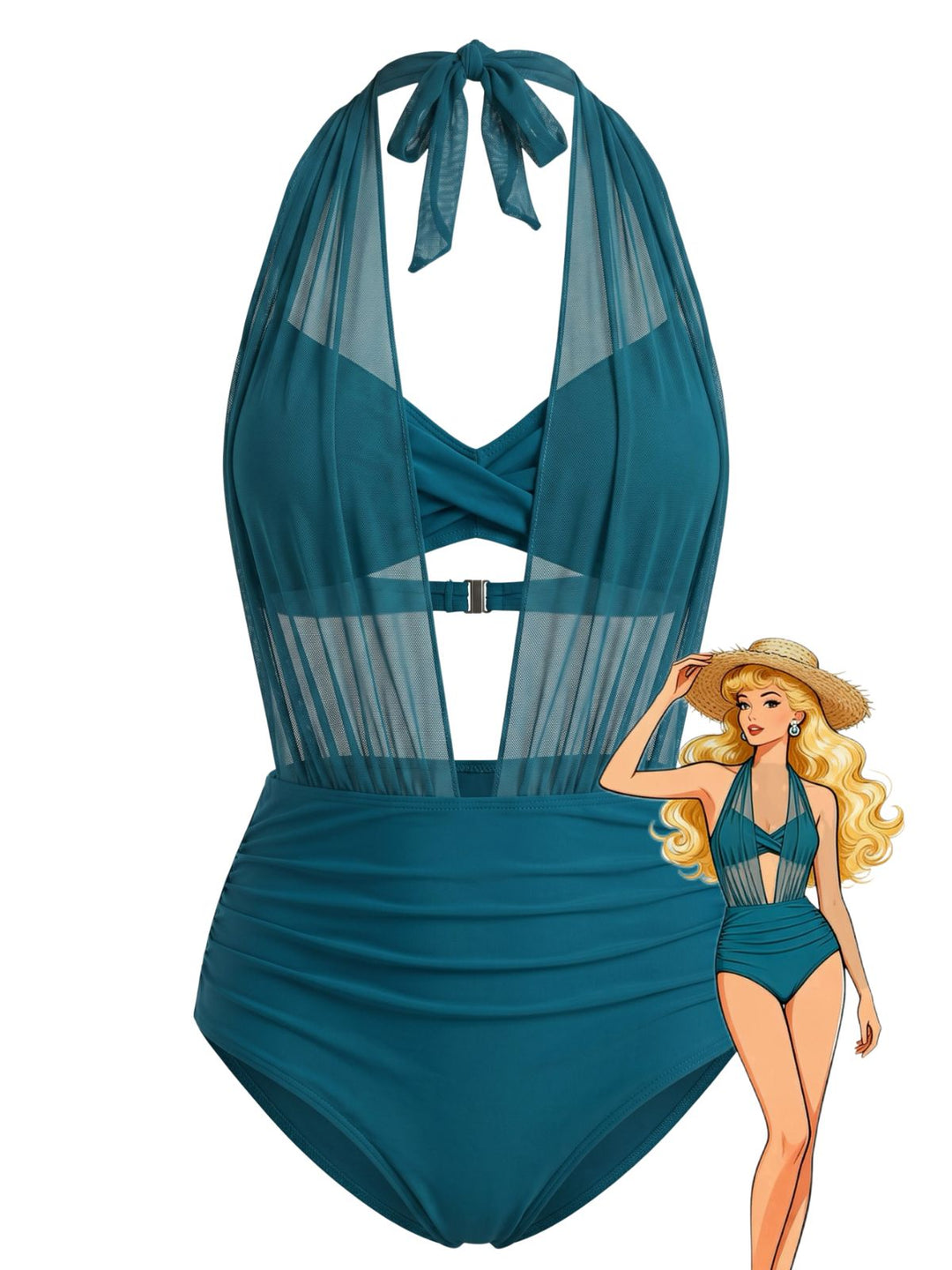 Mesh Halter Plunge Ruched Bikini Set, vintage swimsuit, swimwear - perfect for women who love vintage and retro fashion
