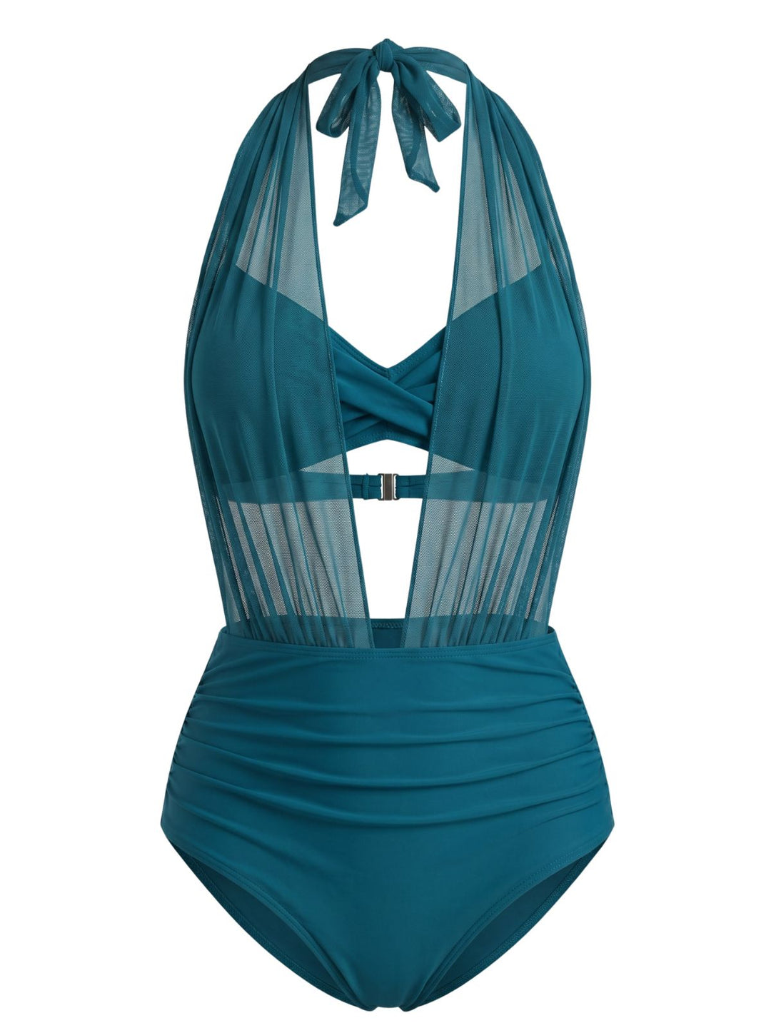 Mesh Halter Plunge Ruched Bikini Set, vintage swimsuit, swimwear - perfect for women who love vintage and retro fashion