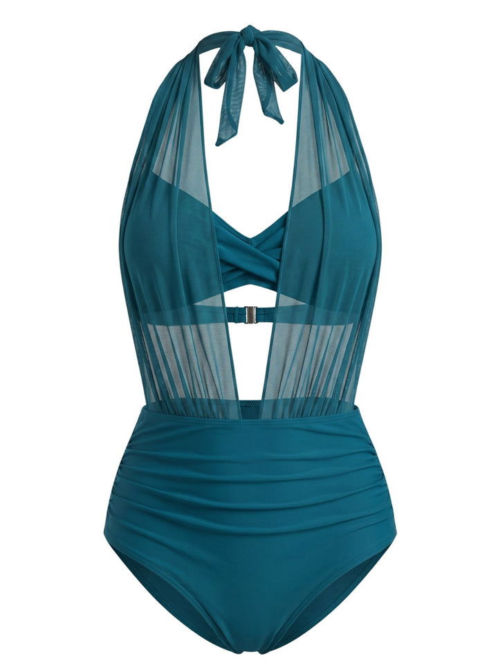 Mesh Halter Plunge Ruched Bikini Set, vintage swimsuit, swimwear - perfect for women who love vintage and retro fashion