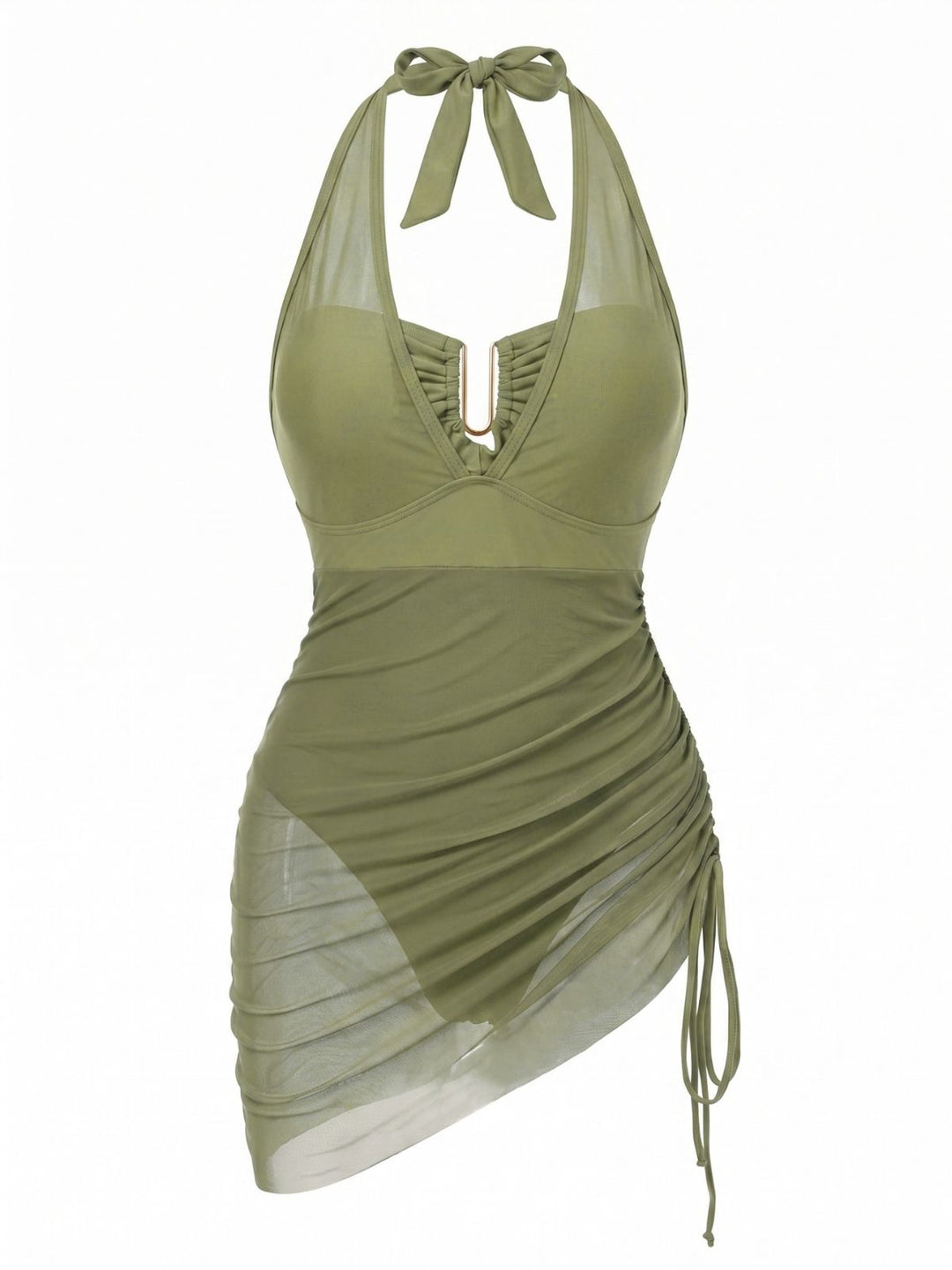 Mesh Halter Tie Waist One Piece Swimsuit