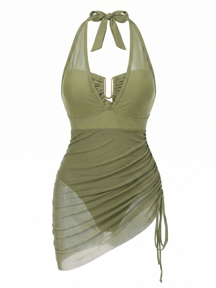 Mesh Halter Tie Waist One Piece Swimsuit