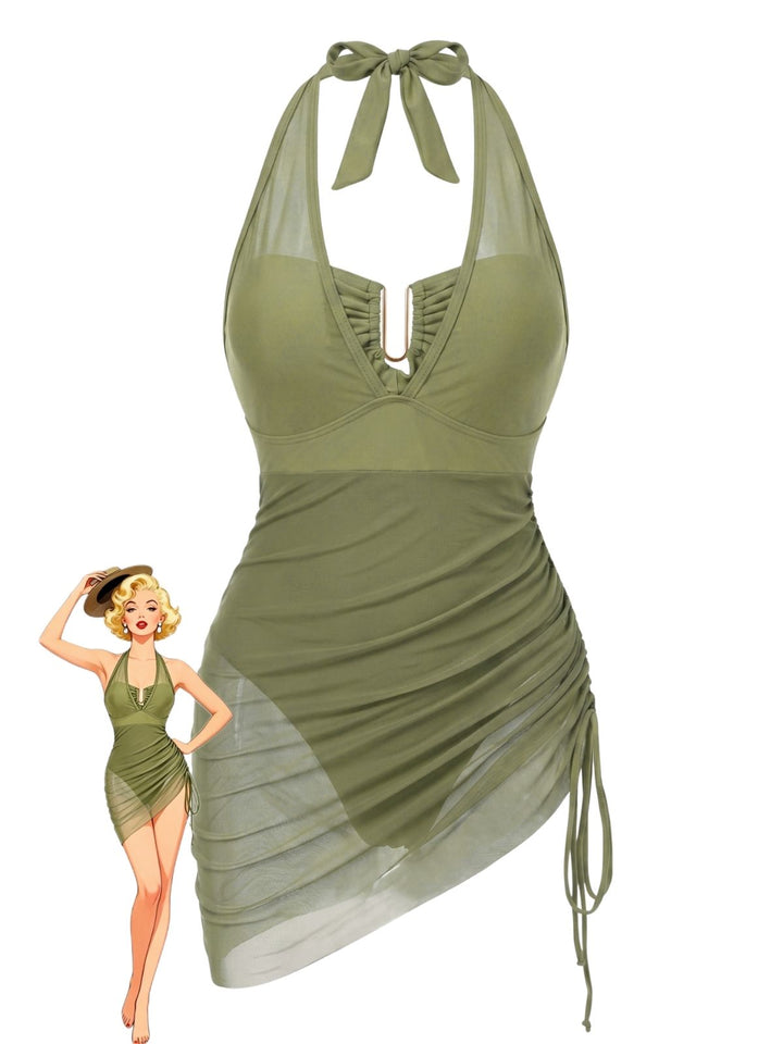 Mesh Halter Tie Waist One Piece Swimsuit 2