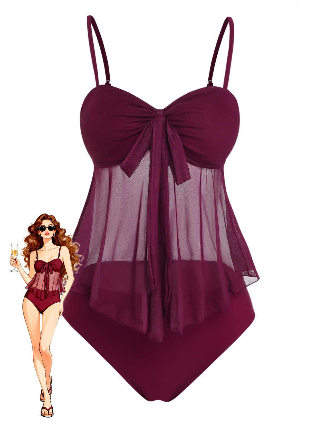 Mesh-High-Waist-Bow-Tie-Tankini-Set, vintage, retro, swimwear