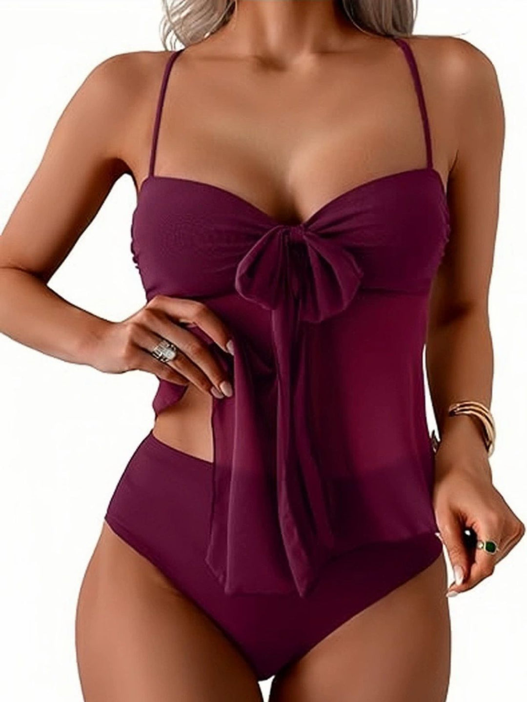 Mesh High Waist Bow Tie Tankini Set, vintage tie, classic accessory - perfect for women who love vintage and retro fashion