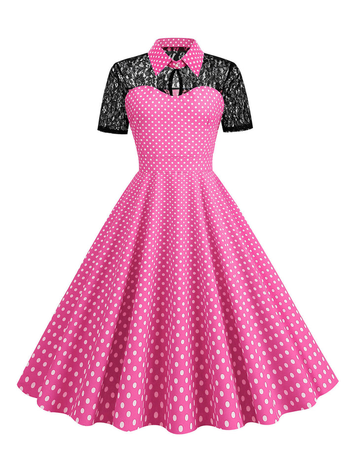 She slips into this 1950s Mesh Patchwork Polka Dot Dress and suddenly it&