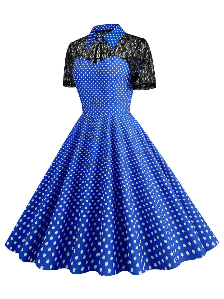 She slips into this 1950s Mesh Patchwork Polka Dot Dress and suddenly it&