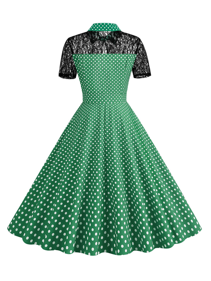 This 1950s Mesh Patchwork Polka Dot Dress wraps her in 1950s elegance, one twirl at a time