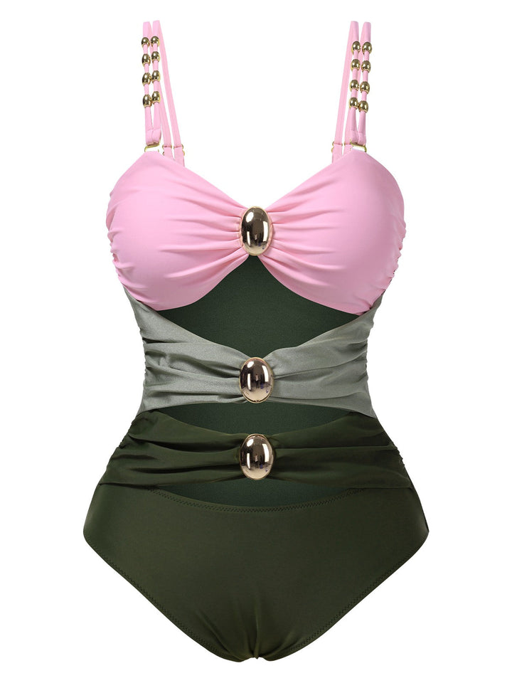 This 1950s Metal Button Hollow One-Piece Swimsuit carries 1950s vacation dreams in every stitch