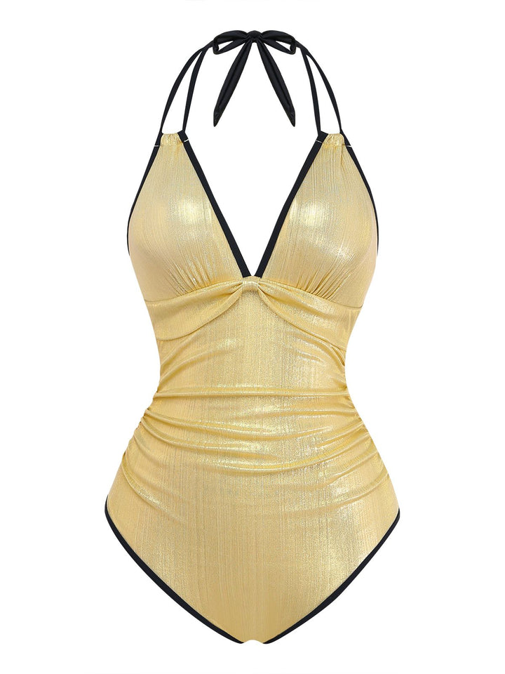 1950s Metallic Shimmer Strappy Halter One-Piece Swimsuit: beautiful vintage swimwear, retro swimsuit, pin-up style with timeless appeal