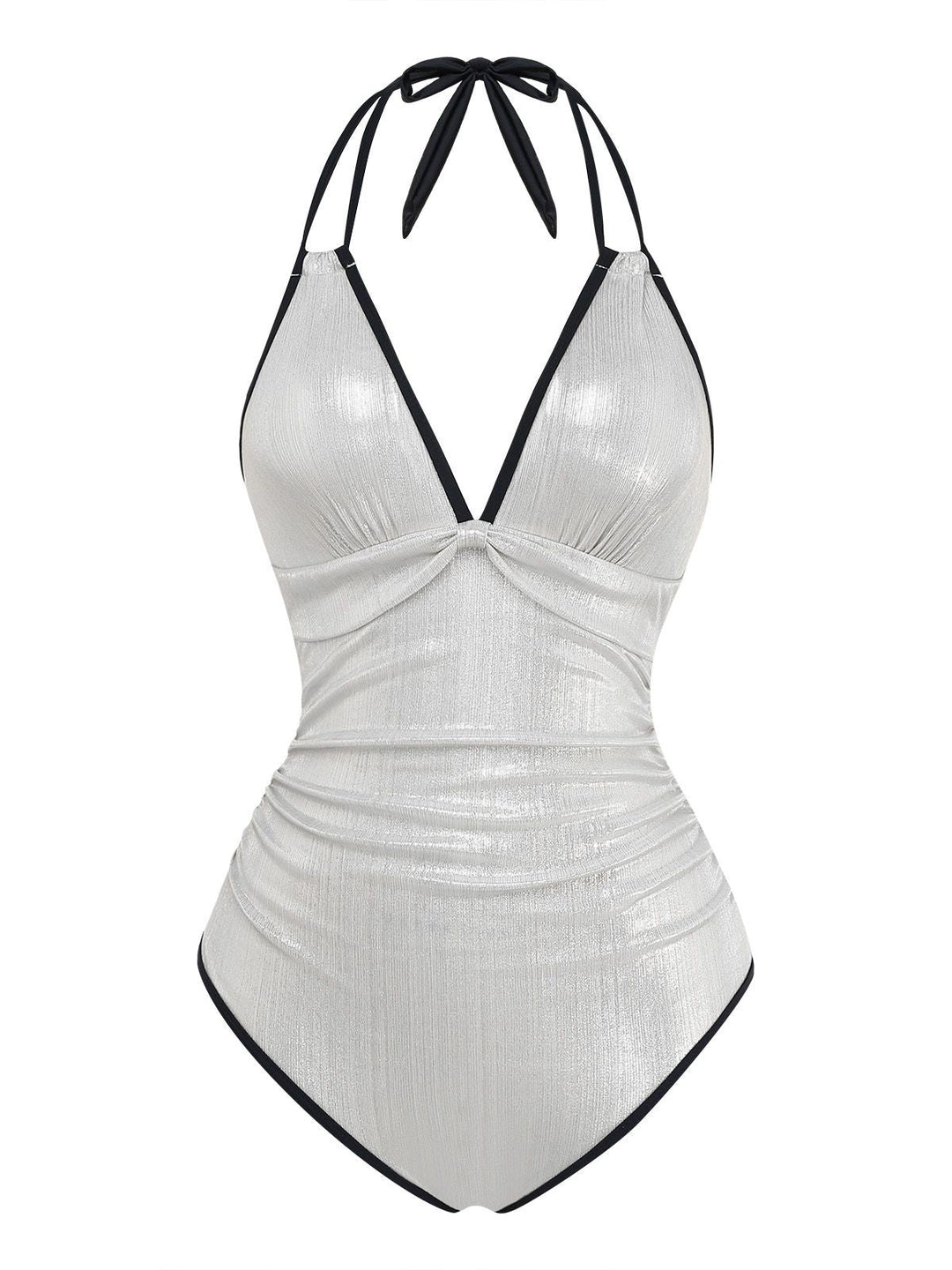 1950s Metallic Shimmer Strappy Halter One-Piece Swimsuit: beautiful vintage swimwear, retro swimsuit, pin-up style with timeless appeal