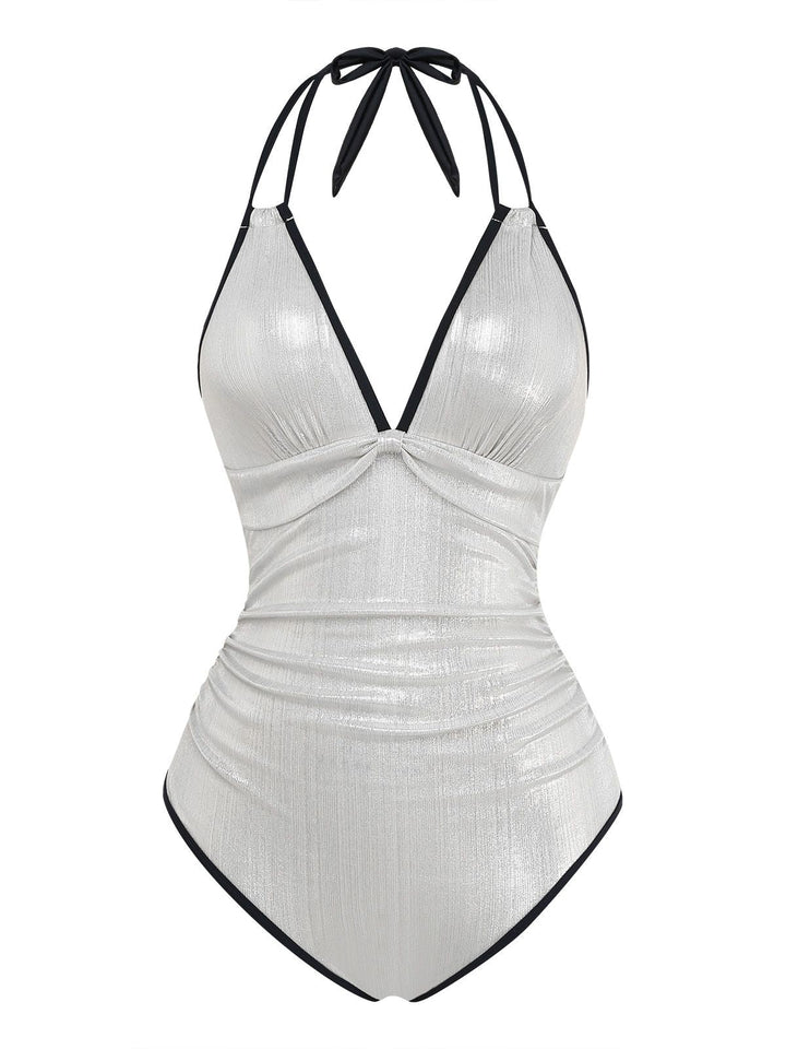 1950s Metallic Shimmer Strappy Halter One-Piece Swimsuit: beautiful vintage swimwear, retro swimsuit, pin-up style with timeless appeal