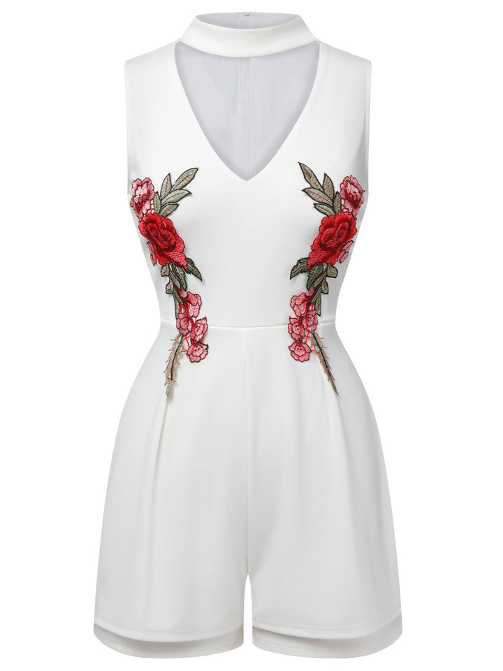 1950s Mock Neck Floral Embroidered Cutout Romper, vintage romper, retro jumpsuit - perfect for women who love vintage and retro fashion