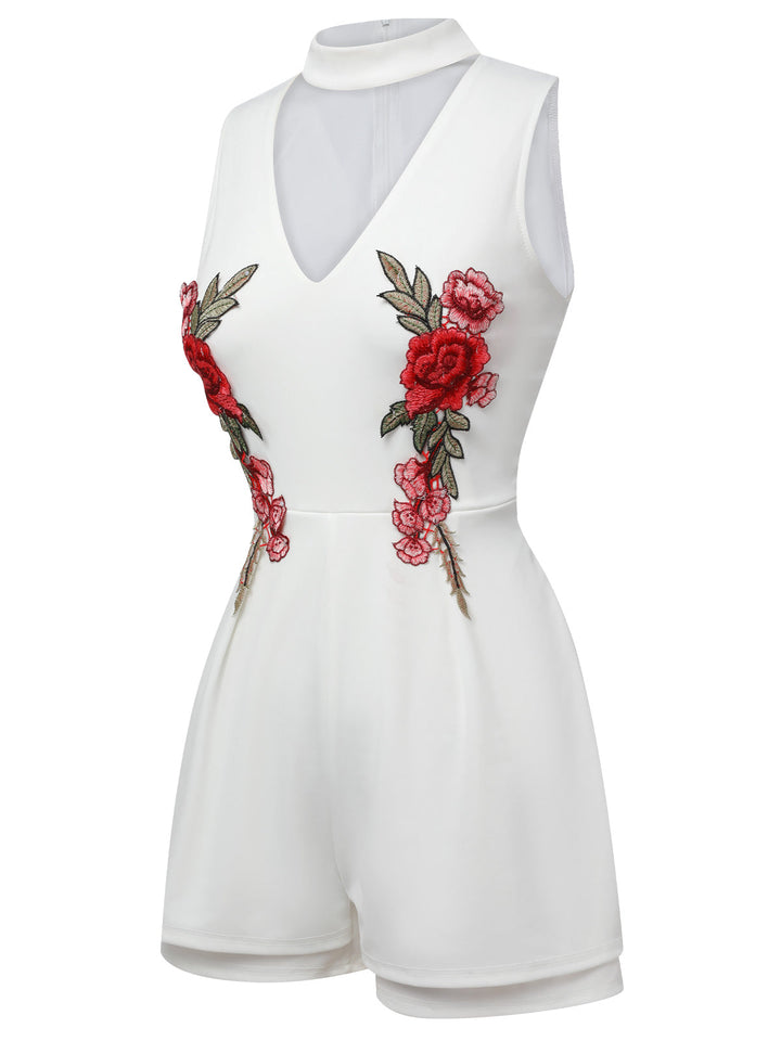 1950s Mock Neck Floral Embroidered Cutout Romper, vintage romper, retro jumpsuit - perfect for women who love vintage and retro fashion