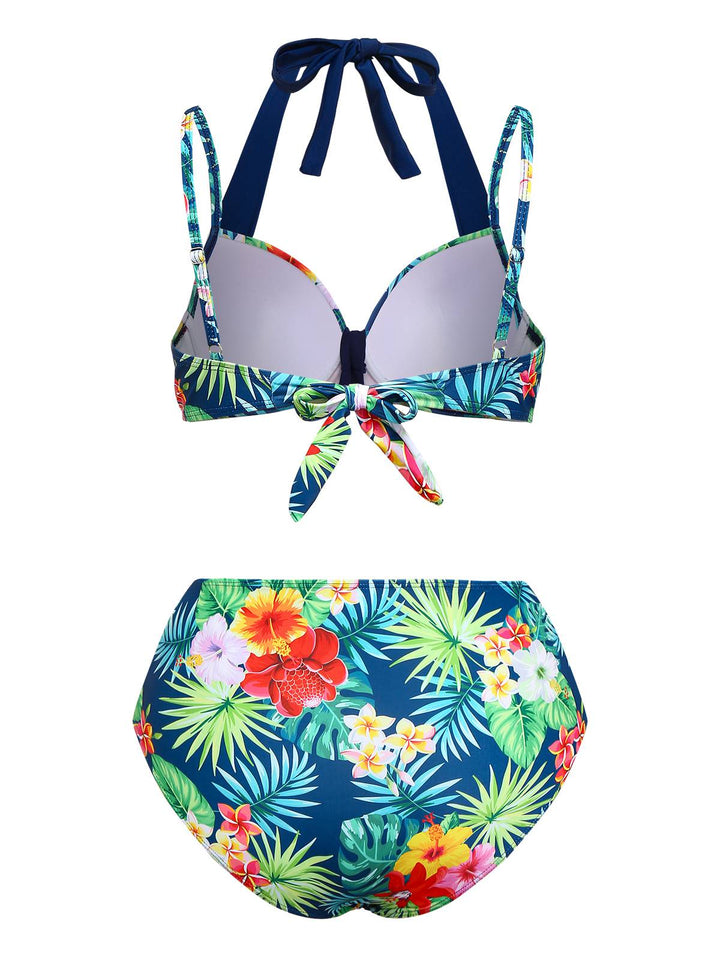 Multicolor 1950s Tropical Plants Patchwork Bikini Set - vintage fashion, retro style