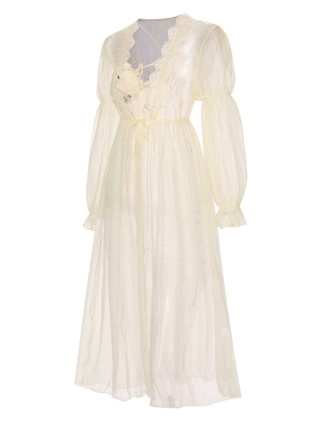 2PCS Apricot Floral Straps Slit Nightgown &amp; Robe - vintage nightgown, retro sleepwear