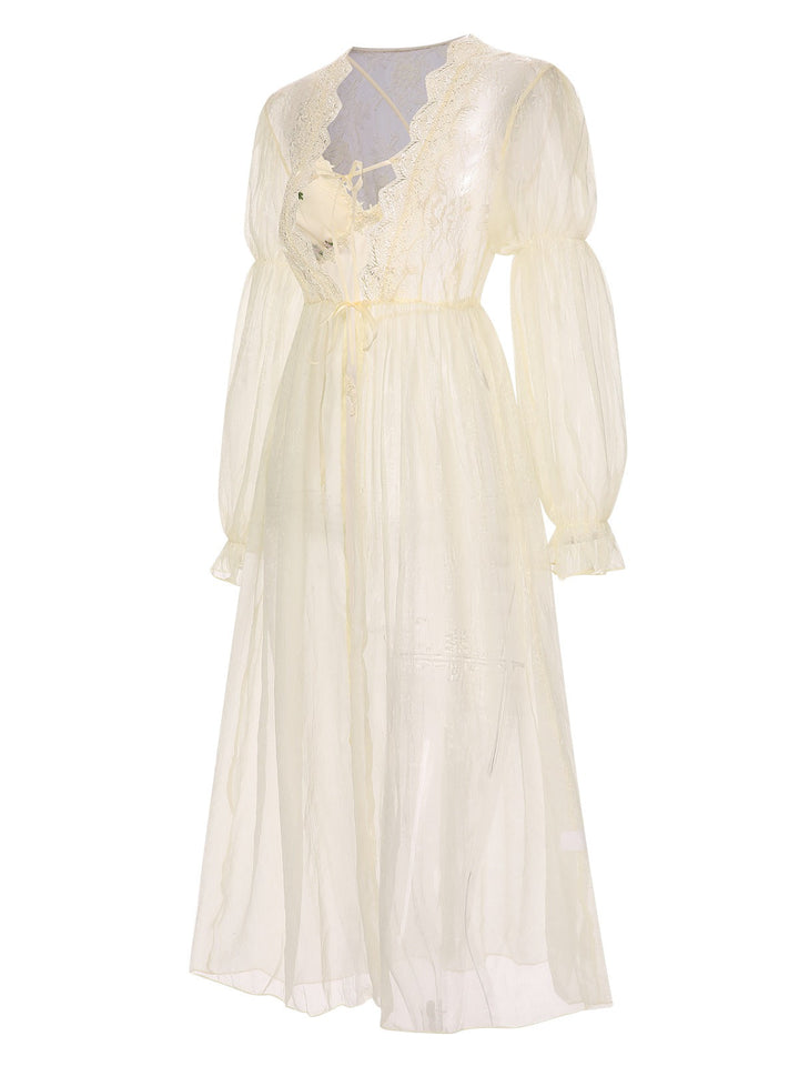 2PCS Apricot Floral Straps Slit Nightgown &amp; Robe - vintage nightgown, retro sleepwear