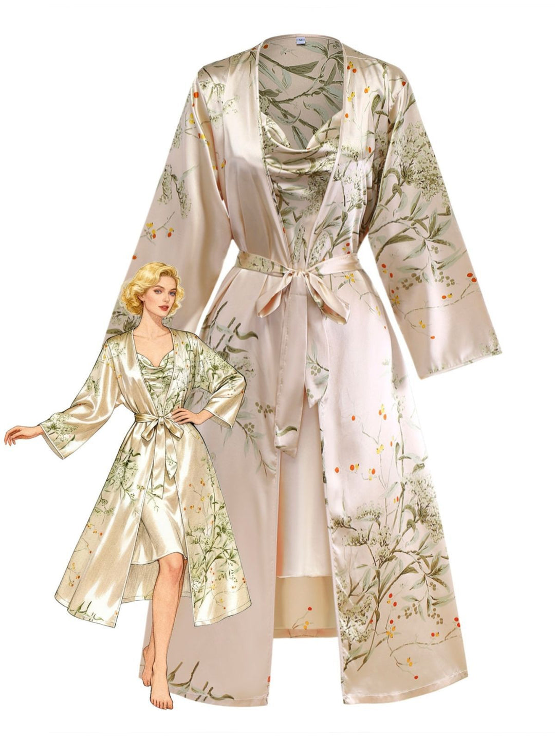 2PCS 1950s Floral Straps Satin Nightgown &amp; Matching Robe - vintage nightgown, retro sleepwear