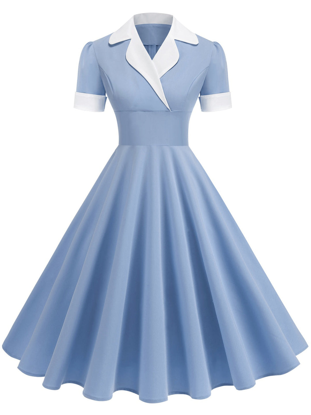 She slips into this 1950s Notched Collar Colorblock Swing Dress and suddenly it&