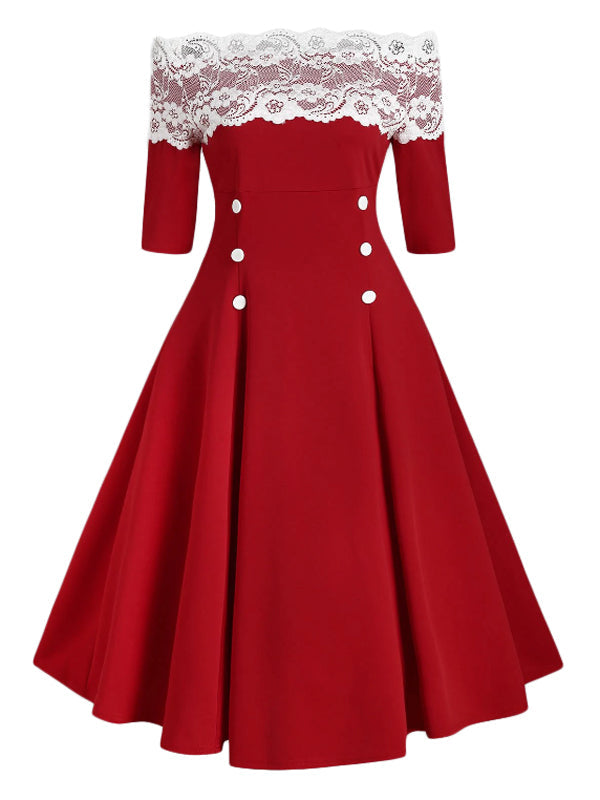1950s Off Shoulder Button Embellished Dress, classic 1950s style elegant retro fashion - Image 5