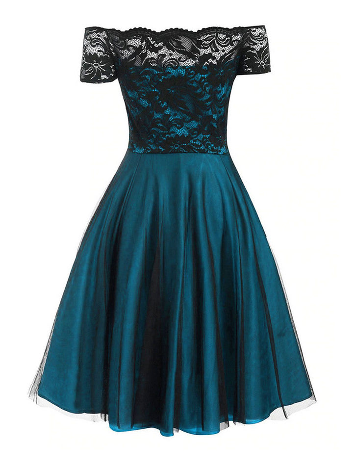 1950s Off Shoulder Lace Swing Dress, classic 1950s style elegant retro fashion - Image 6