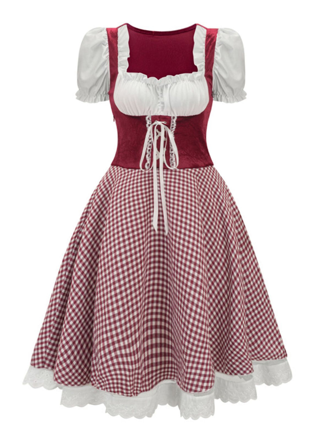 She slips into this 1950s Oktoberfest Puff Sleeves Gingham Plaid Dress and suddenly it&