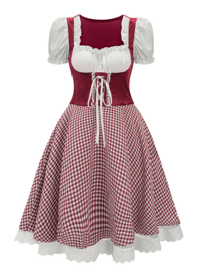 She slips into this 1950s Oktoberfest Puff Sleeves Gingham Plaid Dress and suddenly it&