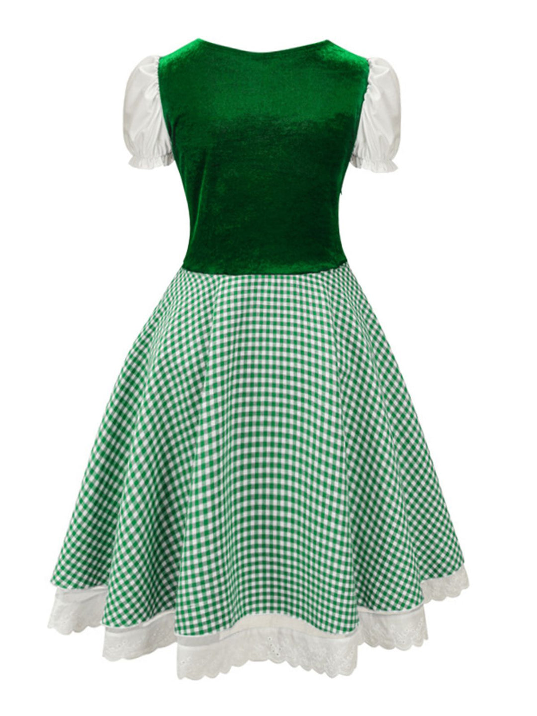 She slips into this 1950s Oktoberfest Puff Sleeves Gingham Plaid Dress and suddenly it&