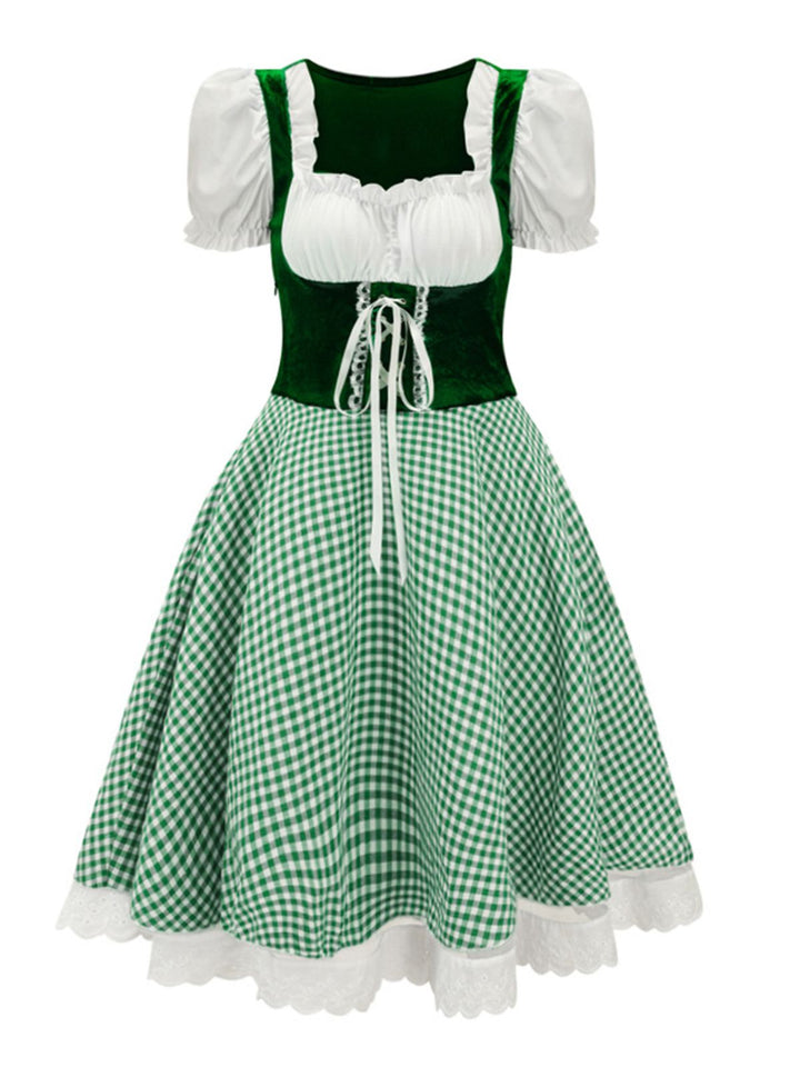 This 1950s Oktoberfest Puff Sleeves Gingham Plaid Dress wraps her in 1950s elegance, one twirl at a time