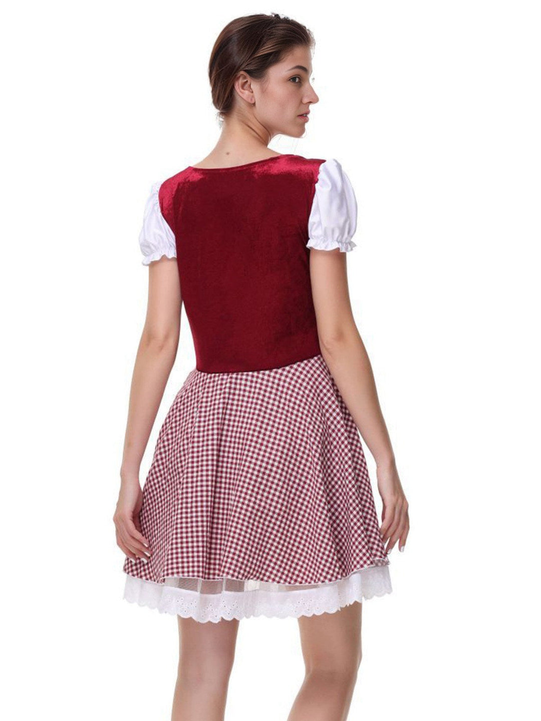 She slips into this 1950s Oktoberfest Puff Sleeves Gingham Plaid Dress and suddenly it&