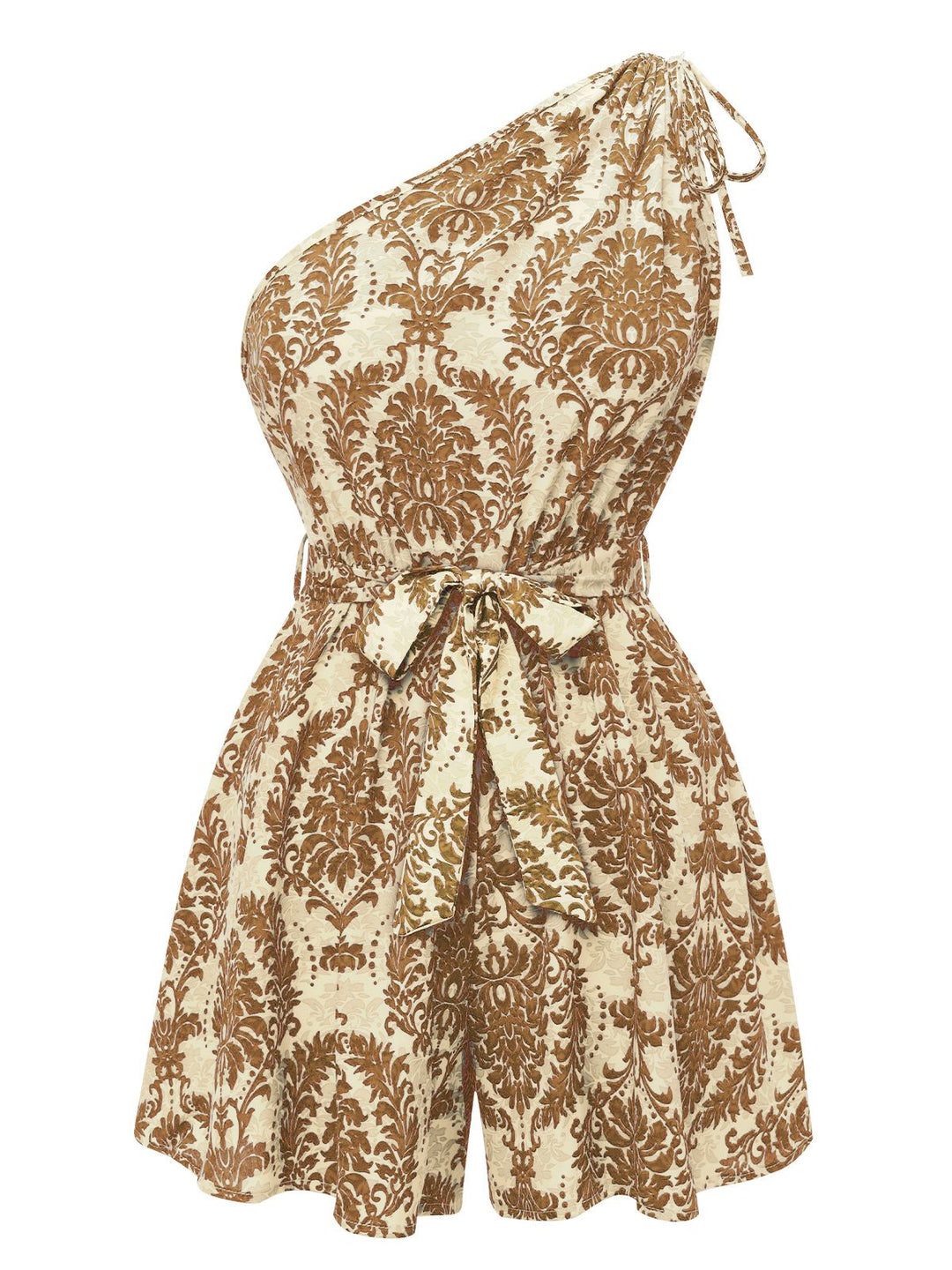 She adds this 1950s One Shoulder Floral Print Belted Romper and suddenly it&