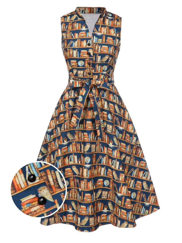 1950s Owl Bookshelf Print Stand Collar Dress - vintage dress, retro fashion, rockabilly