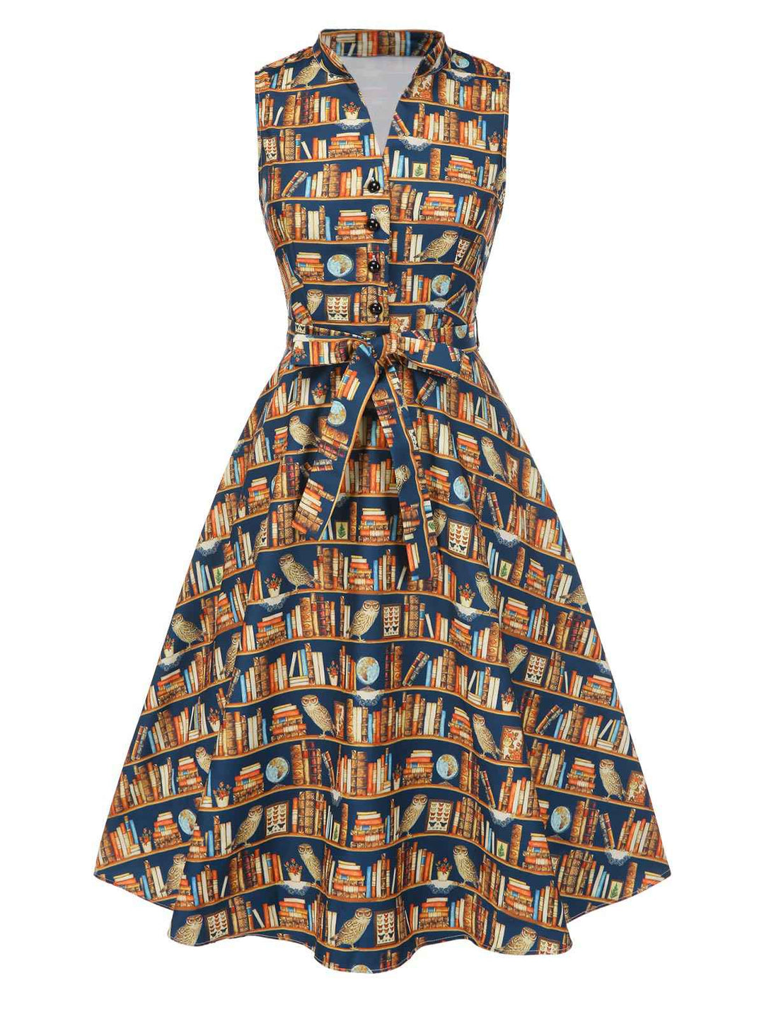 1950s Owl Bookshelf Print Stand Collar Dress - vintage dress, retro fashion, rockabilly