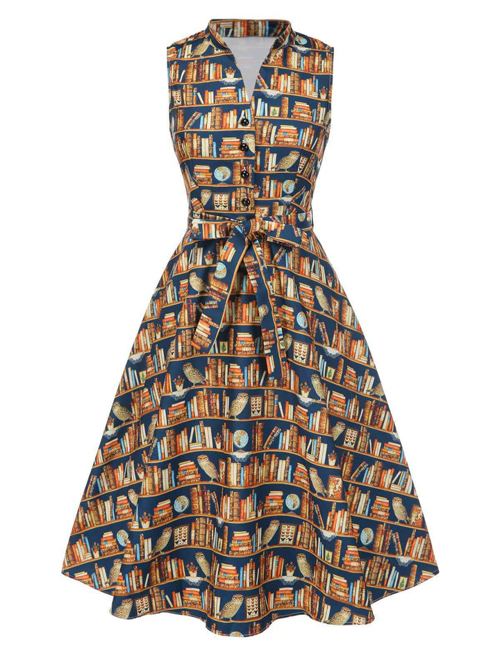 1950s Owl Bookshelf Print Stand Collar Dress - vintage dress, retro fashion, rockabilly