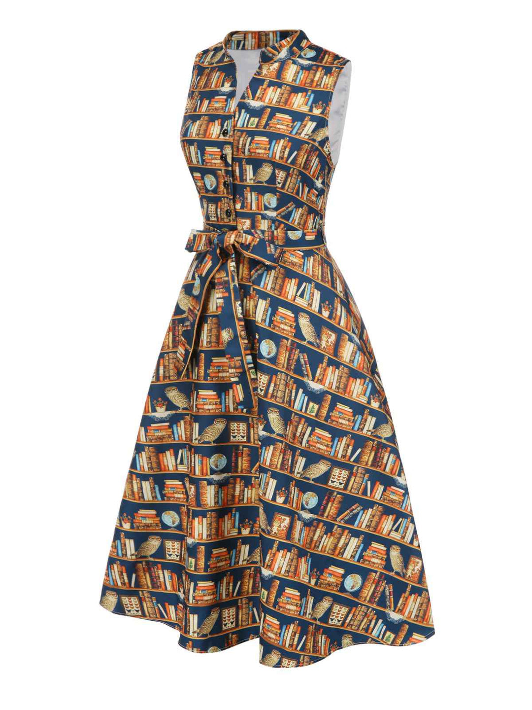 1950s Owl Bookshelf Print Stand Collar Dress - vintage dress, retro fashion, rockabilly
