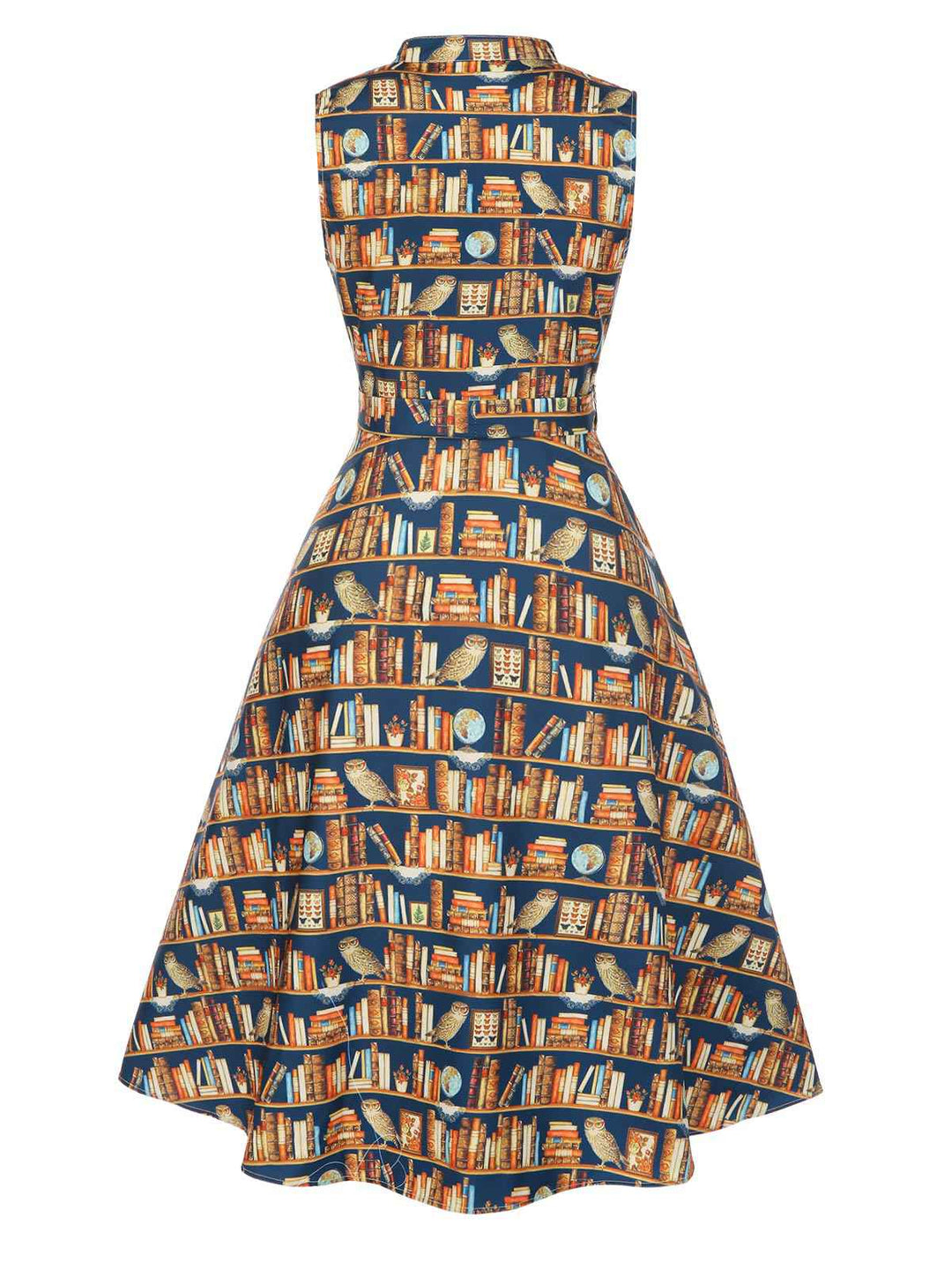 1950s Owl Bookshelf Print Stand Collar Dress - vintage dress, retro fashion, rockabilly