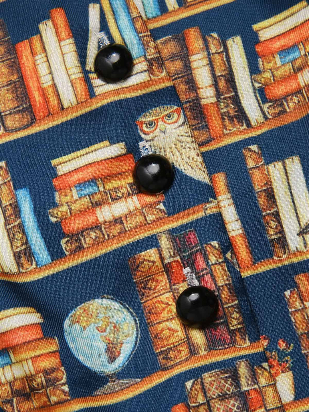 1950s Owl Bookshelf Print Stand Collar Dress - vintage dress, retro fashion, rockabilly