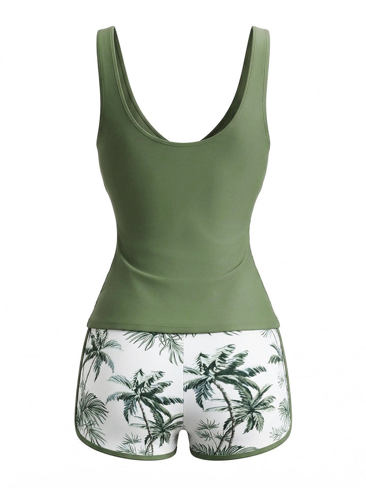 1950s Palm Tree Criss Cross Colorblock Tankini Set - vintage fashion, retro style