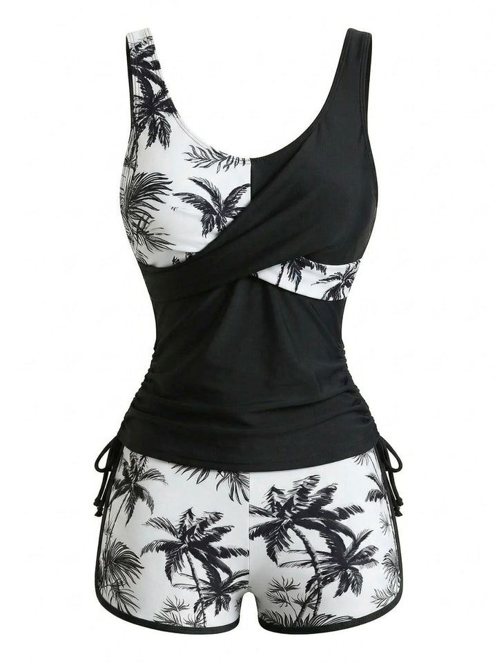 1950s Palm Tree Criss Cross Colorblock Tankini Set - vintage fashion, retro style