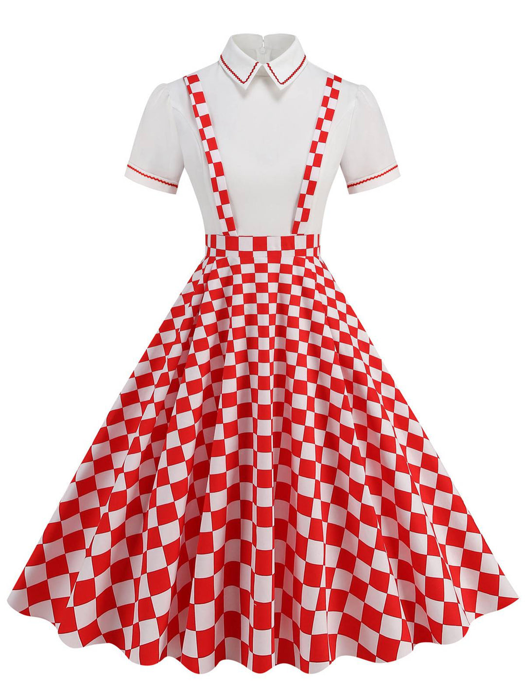 She slips into this 1950s Patchwork Lapel Collar Suspender Dress and suddenly it&