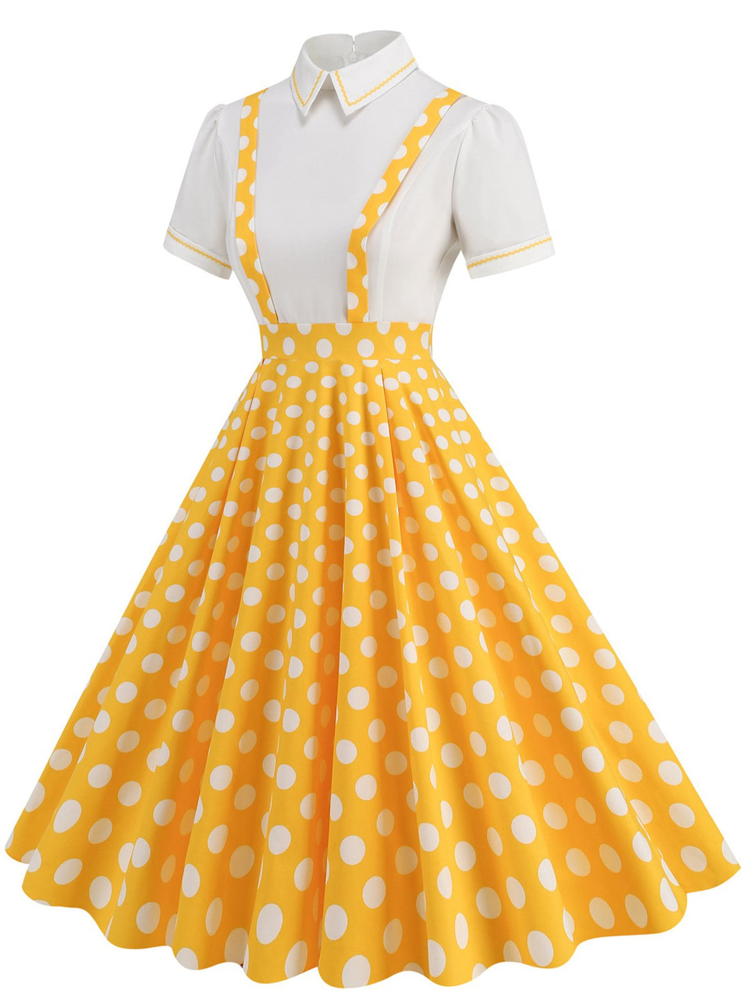 She slips into this 1950s Patchwork Lapel Collar Suspender Dress and suddenly it&