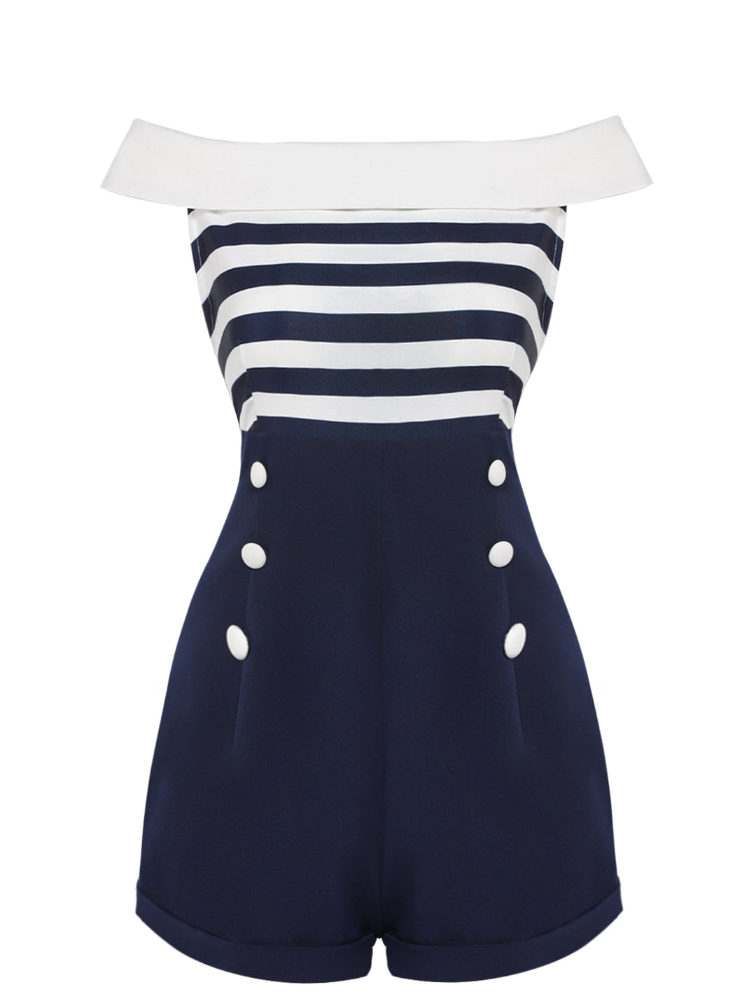 Navy Blue 1950s Patchwork Off-shoulder Striped Romper — vintage elegance for the modern woman