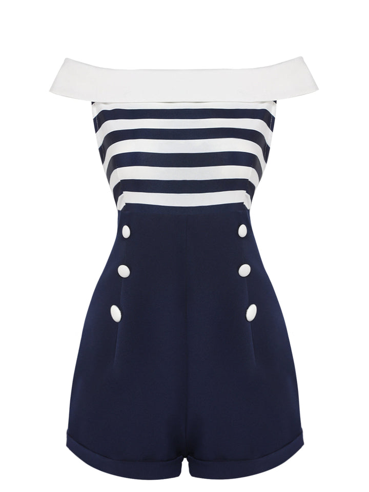 Navy Blue 1950s Patchwork Off-shoulder Striped Romper — vintage elegance for the modern woman
