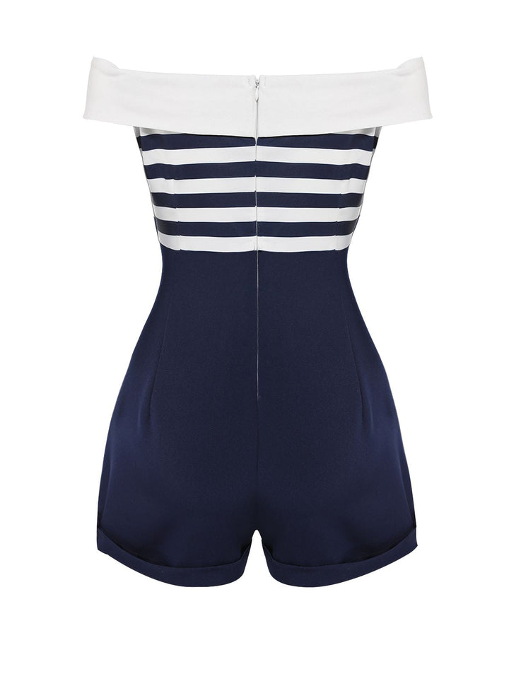 Navy Blue 1950s Patchwork Off-shoulder Striped Romper — vintage elegance for the modern woman