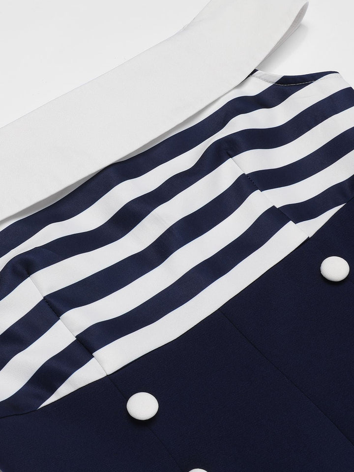 Navy Blue 1950s Patchwork Off-shoulder Striped Romper: timeless style reimagined