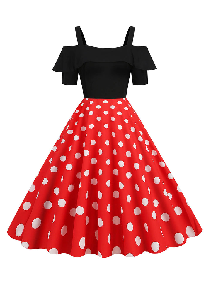 She slips into this 1950s Patchwork Polka Dot Strap Dress and suddenly it&
