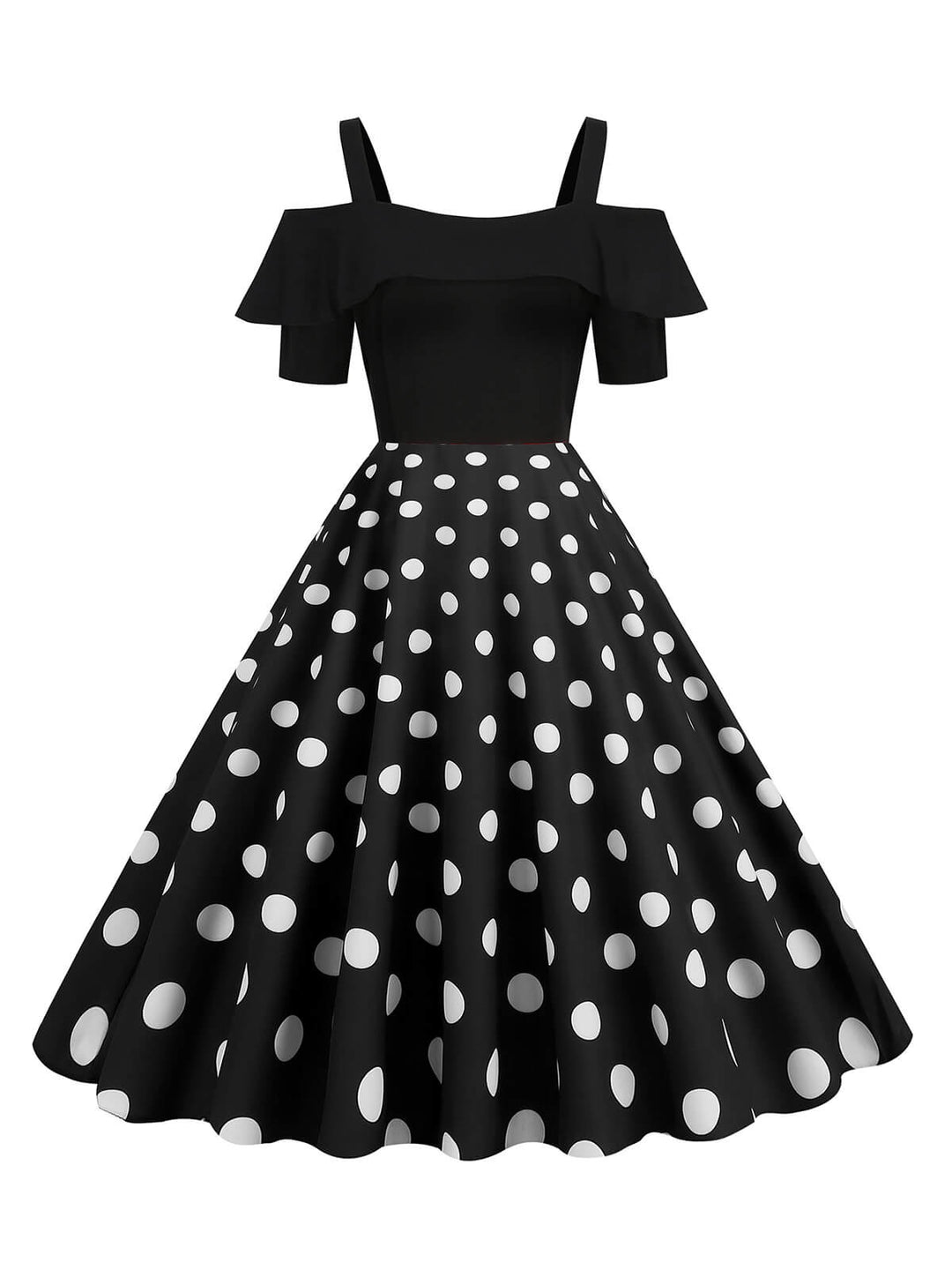 She slips into this 1950s Patchwork Polka Dot Strap Dress and suddenly it&