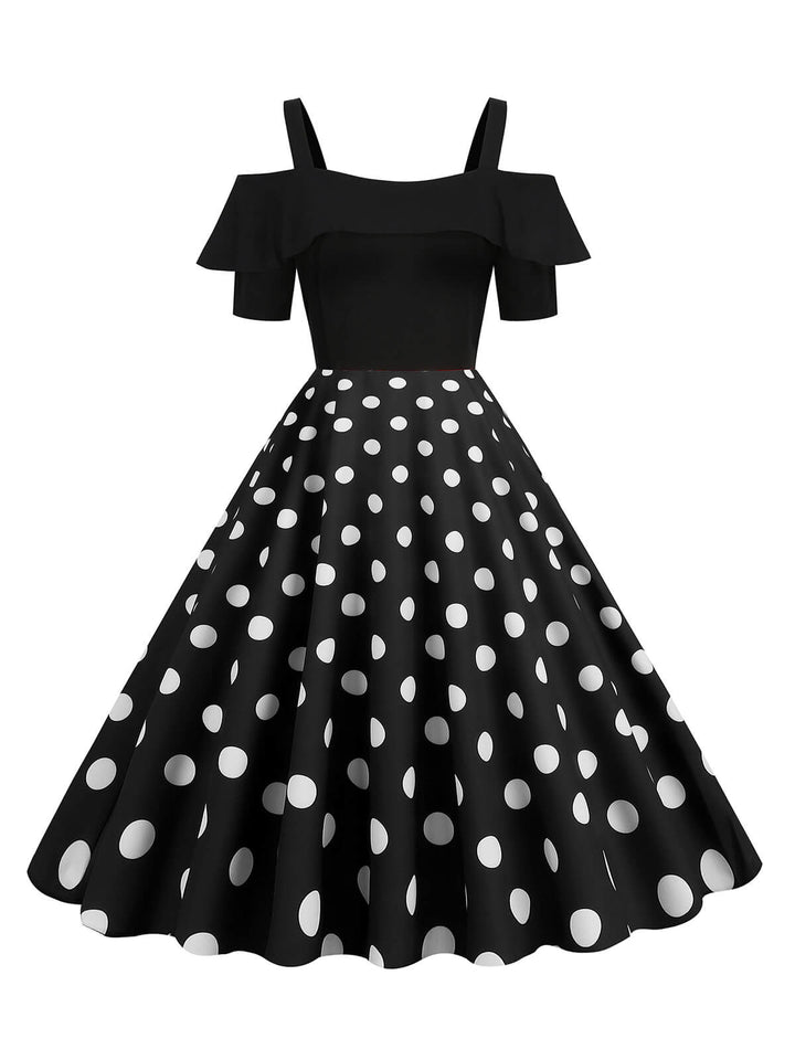 She slips into this 1950s Patchwork Polka Dot Strap Dress and suddenly it&