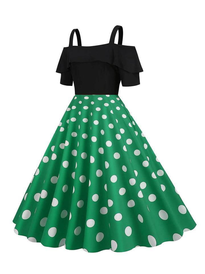 She slips into this 1950s Patchwork Polka Dot Strap Dress and suddenly it&